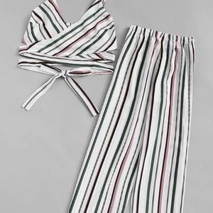 Striped Criss Cross Knot Hem Top w/ Pants